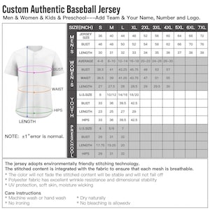 May include: A white baseball jersey with a sizing chart displaying measurements in inches for various categories. The graphic includes a diagram of the jersey with bust, waist, and length lines, alongside text detailing fabric features and care instructions.