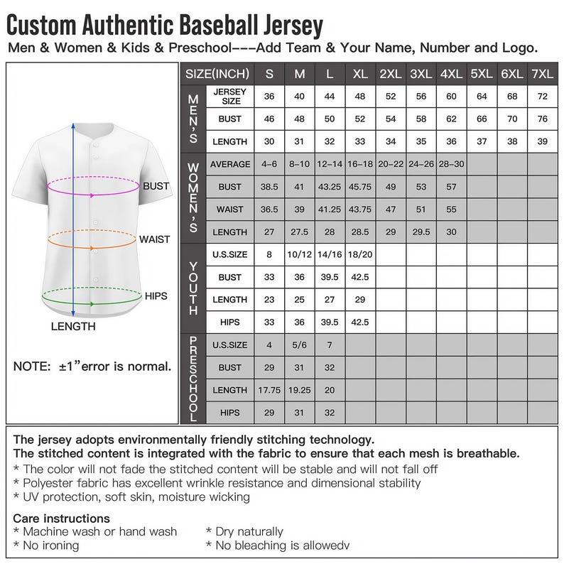 May include: A white baseball jersey with a sizing chart displaying measurements in inches for various categories. The graphic includes a diagram of the jersey with bust, waist, and length lines, alongside text detailing fabric features and care instructions.
