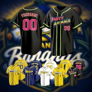 Aangepaste honkbaltrui stijl feestbeesten, gepersonaliseerd op savannebananen geïnspireerd uniform, neonzwart honkbaltrui, cadeau voor fans