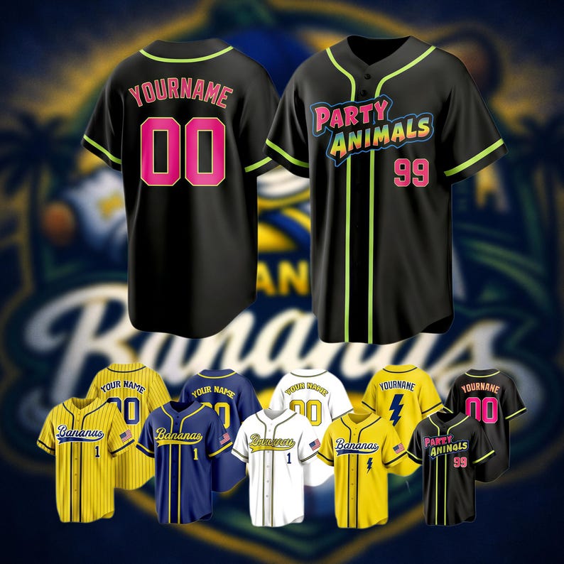 May include: A collection of baseball jerseys in various colors including black, yellow, blue, and white. The jerseys feature text such as "YOURNAME," "PARTY ANIMALS," and "Bananas," along with numbers like 00, 99, and 1. Some designs include pinstripes, neon green piping, and small flag patches.