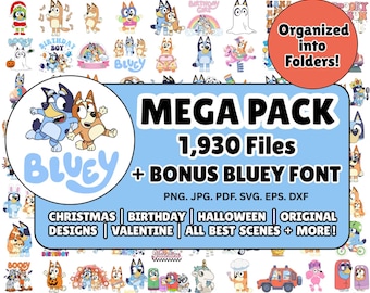 1900+ Bluey PNG.SVG Bundle + BONUS Font! Bluey Dog Bingo Clipart Bundle Set Original Designs for Birthday Diy Crafts Coloring Printing Etc
