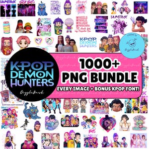 Plus de 1 000 KPop Demon Hunters PNG Bundle, police de caractères Kpop Demon Hunters bonus, Clipart Huntrix Saja Boys, Clipart Mira Zoey Rumi, Clipart Kpop