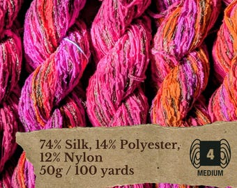Hilo artístico de seda peinada recuperada – 50 g / 100 yardas – Multifilamento texturizado – Rosa naranja jaspeado – “Carnival Calico”