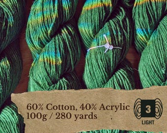 Reclaimed DK Cotton Acrylic Yarn – 100g / 280yd – Tubular 4-Ply – Green – “Forest Tabby”