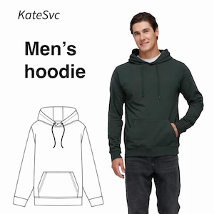 May include: A dark green hoodie with a front pocket and drawstring hood is modeled by a person wearing black jeans and white sneakers. The image also shows a hoodie sketch and text that reads "Men's hoodie" and "Sizes bust 92-112".
