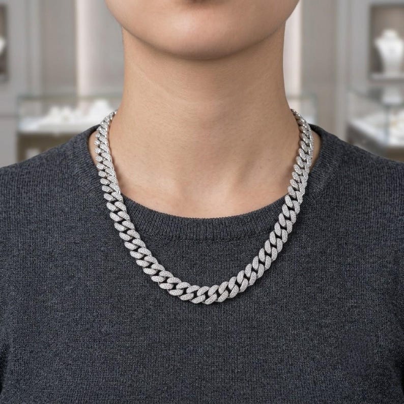 Silver Men Cuban Chain Necklace, Iced Out Cuban Link Chain, Diamond ...