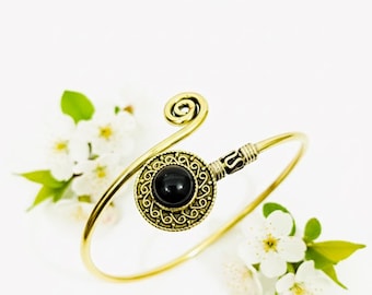Black Onyx Brass Bracelet*Handmade Adjustable Cuff Bangel*Boho Style Adjustable Cuff*Vintage Jewelry*Gemstone Jewelry*Best Gift For Her
