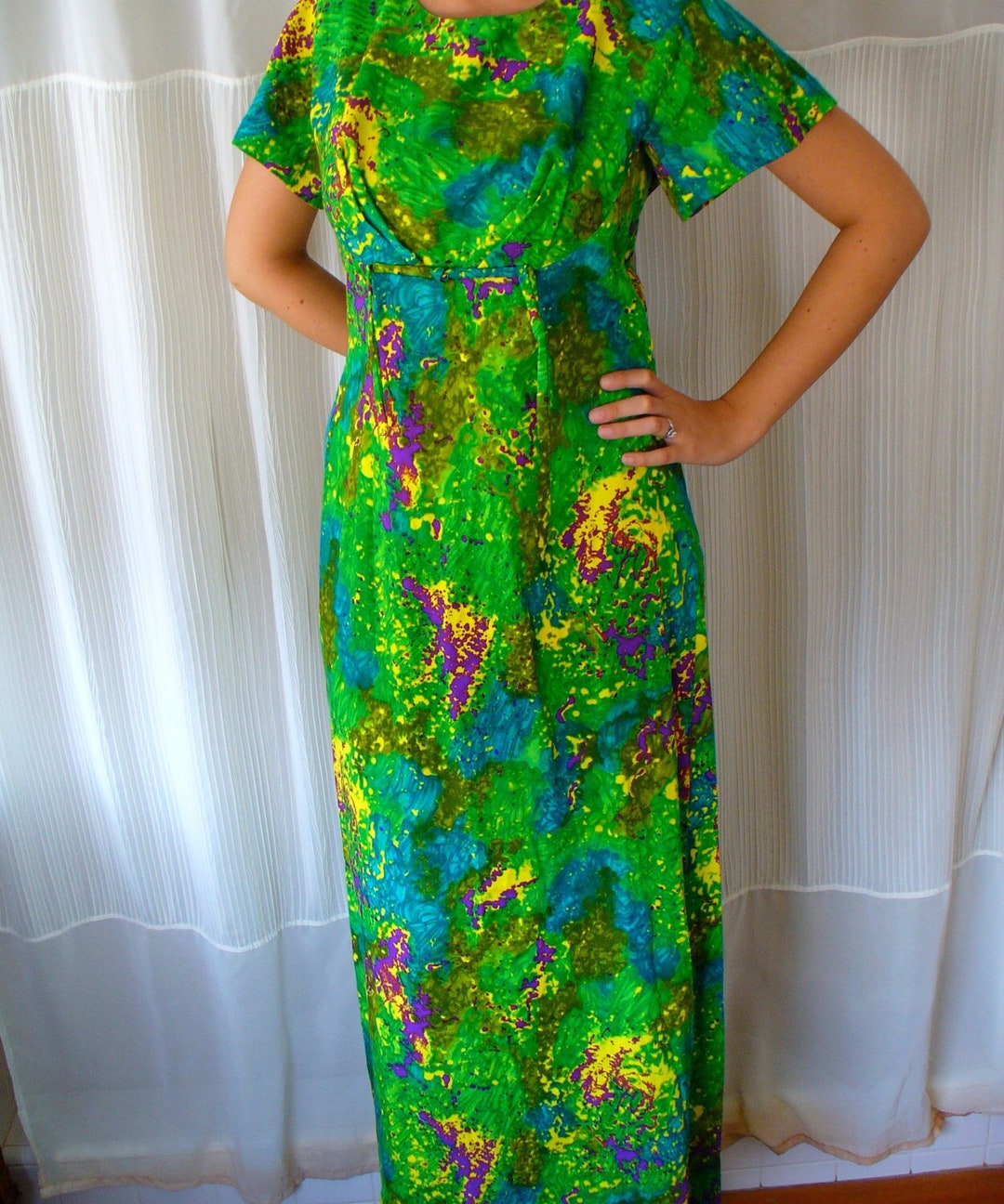 Vintage 1960s 70s Green Abstract Boho Hawaiian Maxi Dress - Mildred's ...