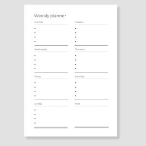 May include: A white weekly planner with the title "Weekly planner" at the top. The planner is divided into days of the week, with space for notes and bullet points for each day. The design is simple and minimalist.