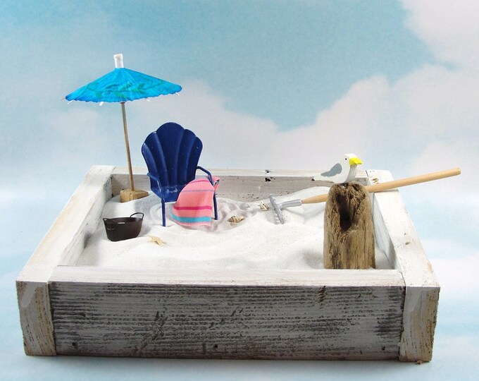 Miniature Zen Beach Garden Kit, Blue Shell Back Chair, Umbrella