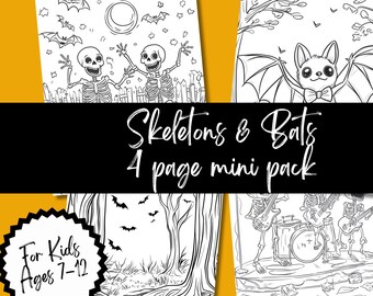Dibujos para colorear de Halloween: Esqueletos y murciélagos para niños (Descarga digital)