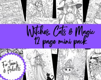 Witches, Cats and Magic Coloring Pages, Halloween Printable (Digital Download)