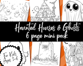 Könnte beinhalten: Ein Mini-Pack mit sechs Malvorlagen mit Spukhäusern und Geistern. Die Schwarz-Weiß-Illustrationen zeigen einen Geisterhund, ein Spukhaus, einen Grabstein und andere gruselige Szenen. Das Paket ist mit "For Kids Ages 3-6" gekennzeichnet.