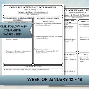 Peut inclure: Deux feuilles de travail blanches avec du texte noir, intitulées "Come, Follow Me - Old Testament", pour la semaine du 12 au 18 janvier. Les feuilles de travail comprennent des sections sur la Genèse, Moïse et Abraham, avec des questions et des invites à la réflexion. Une bannière bleue indique "Come, Follow Me® Companion Worksheets."