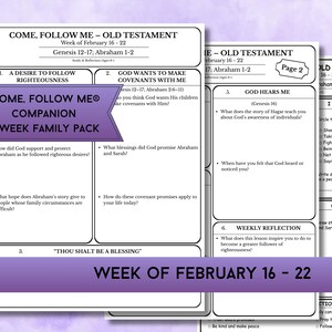 May include: A black and white printable worksheet titled "Come, Follow Me - Old Testament" for the week of February 16-22. The worksheet includes sections for study and reflection, with the text "Come, Follow Me Companion 1 Week Family Pack."