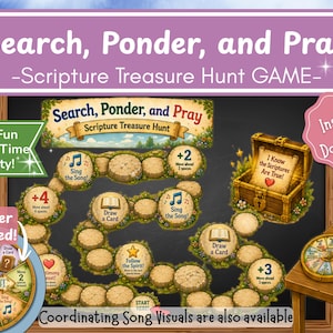 May include: A board game titled Search, Ponder, and Pray Scripture Treasure Hunt featuring a winding path of circular stone-like spaces on a dark background, a wooden treasure chest, a circular spinner, and a deck of cards on a wooden table.