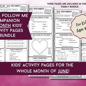 Puede incluir: Un paquete de páginas de actividades para niños de 4 a 7 años, con el texto "Come, Follow Me" y "Antiguo Testamento". Las páginas incluyen varias actividades, laberintos y páginas para colorear, con el texto "¡Páginas de actividades para niños para todo el mes de junio!"