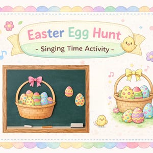Può includere: Illustrazione a tema pasquale con il testo "Caccia alle uova di Pasqua - Attività di canto". L'immagine presenta una lavagna con un cestino di uova decorate, un cestino di uova e un pulcino. Il bordo è decorato con fiori e note musicali.