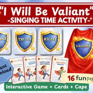Könnte beinhalten: Ein Bild mit einem roten Umhang mit einem goldenen Schild mit der Aufschrift "Valiant", Karten mit Schilddesigns und Karten mit Illustrationen von Kindern. Der Text lautet "I Will Be Valiant" und "Interactive Game + Cards + Cape".