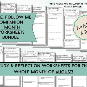 May include: A collection of black and white printed worksheets titled Come, Follow Me Companion 1 Month Worksheets Bundle. The pages include study and reflection questions for the month of August, designed for adults and teens, featuring Old Testament themes.
