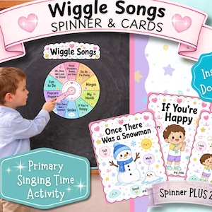 May include: Wiggle Songs Spinner & Cards activity set featuring a colorful circular spinner with song titles and twenty illustrated cards. The cards display titles like Once There Was a Snowman, If You're Happy, and Popcorn Popping with cartoon graphics.