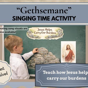 May include: An educational graphic with the text "Gethsemane SINGING TIME ACTIVITY." It features a child pointing at a rock with the words "Family problems" and an illustration of Jesus. The text "Teach how Jesus helps carry our burdens" is also present.