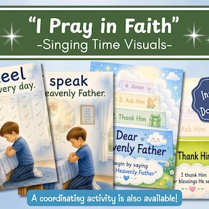 Peut inclure: Un ensemble de supports visuels éducatifs intitulés I Pray in Faith, présentant des illustrations d'un enfant agenouillé en prière, un tableau de prière et un graphique en escalier avec des marches étiquetées Amen, Ask Him et Thank Him.