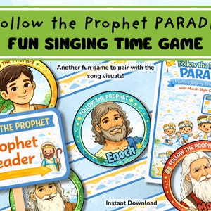 Könnte beinhalten: Eine farbenfrohe Illustration für ein Kinderspiel mit dem Titel "Follow the Prophet PARADE FUN SINGING TIME GAME". Das Design umfasst Cartoon-Bilder von Propheten und Kindern mit dem Text "Prophet Leader" und "Instant Download".