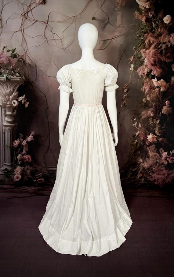 cotton batiste dress 1850s Cotton Batiste Slip Dress Puff Sleeves Pink Silk Ribbon & Brush Train  Size 2/4