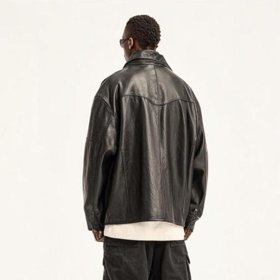 メンズ ブラック オーバーサイズ レザージャケット – ルーズフィット