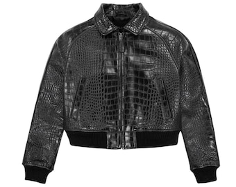 Black Croc-Embossed Leather Bomber Jacket — Women’s Luxe Cropped Outerwear, Handmade Streetwear Fashion Coat