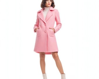 Women’s Pink Wool Coat | Long Winter Overcoat | Elegant Warm Outerwear | Minimalist Wool Jacket for Women