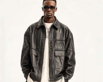 メンズ ブラック オーバーサイズ レザージャケット – ルーズフィット