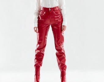 Slim Fit Red Leather Pants for Women – High-Waisted Genuine Lambskin Skinny Trousers – Premium Soft Leather Look