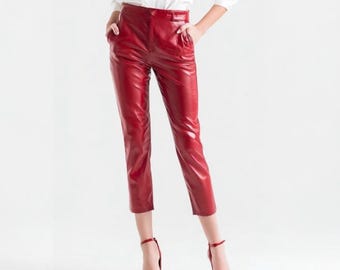 Women’s Slim Fit Handmade Red Lambskin Leather Pants – High Waist Biker Style Genuine Leather Leggings