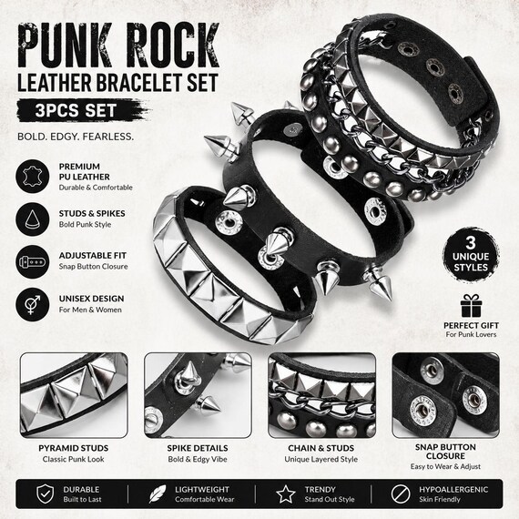 3PCS Punk Rock Leather Bracelet Set for Men Women, Gothic