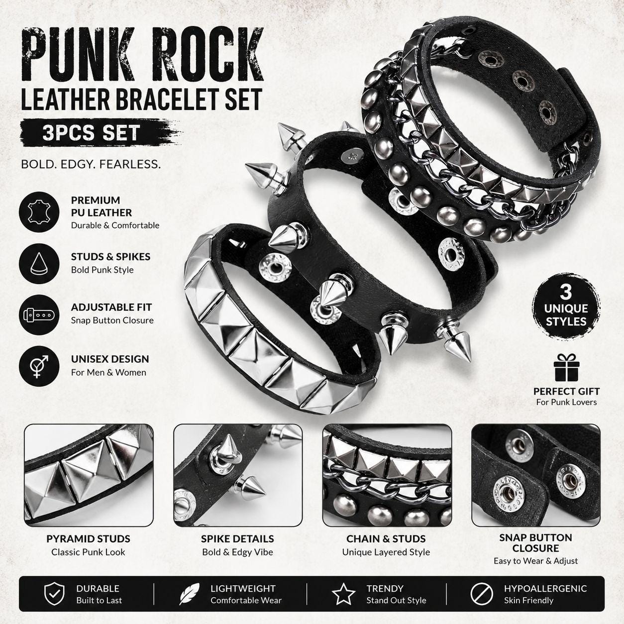 3PCS Punk Rock Leather Bracelet Set for Men Women, Gothic
