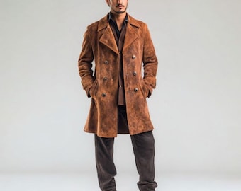 Men’s Brown Suede Leather Trench Coat – Vintage Long Overcoat – Classic Button-Up Western Outerwear