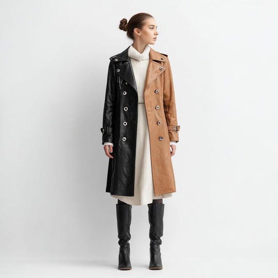レディース本革ツートントレンチコート - ブラック＆ブラウン ロング
