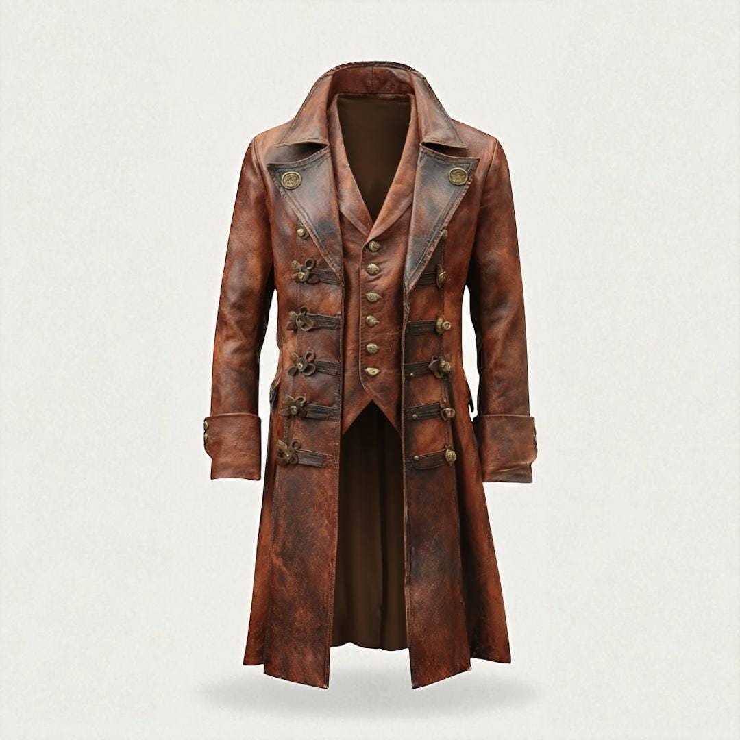 Men's Vintage Steampunk Leather Trench Coat | Long Pirate Jacket