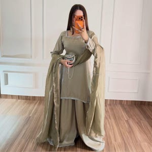Luxury Pakistani Indian Sheesha Silk Dress Set | 3 Piece Suit with Kurta, Palazzo & Dupatta | Modest Wedding Guest Party Wear