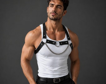 Mens Punk Harness Belt, Adjustable Leather Chest Harness with O Ring Chain, Gothic Cosplay Stage Outfit