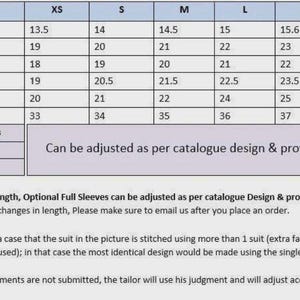 May include: A size chart for clothing measurements, including shoulder, bust/chest, waist, shirt hips, bottom hip, and bottom length, with sizes ranging from XS to XXL. Text states adjustments can be made.