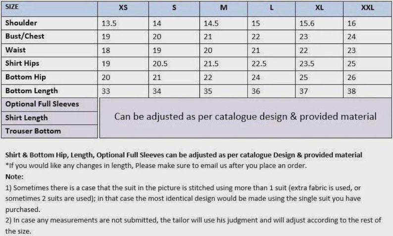 May include: A size chart for clothing measurements, including shoulder, bust/chest, waist, shirt hips, bottom hip, and bottom length, with sizes ranging from XS to XXL. Text states adjustments can be made.