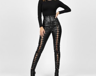 Women's Genuine Leather Pants | Lace-Up Black Leather Leggings | Gothic Punk Streetwear Trousers for Women