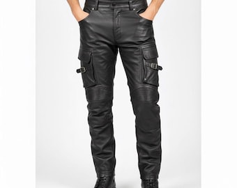 Men’s Black Genuine Leather Cargo Biker Pants | Motorcycle Riding Trousers with Moto Knee Panels & Utility Pockets