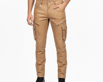 Men’s Tan Real Leather Cargo Biker Pants | Motorcycle Riding Trousers with Moto Knee Panels & Utility Pockets