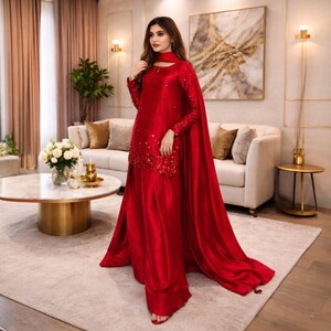 Luxury Sheesha Silk Farshi Shalwar Kameez Set, Handmade Embroidered Pakistani Designer Suit, Modest Eid Wedding Formal Outfit