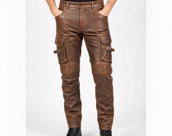 Men’s Genuine Leather Cargo Biker Pants | Motorcycle Riding Trousers with Knee Armor Panels & Utility Pockets