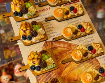 Handmade Wooden Tray Pastry Magnet, Mini Breakfast Board, Pancake, Bagel&Croissant Fridge Decor, Fake Food Kitchen Decor Gift